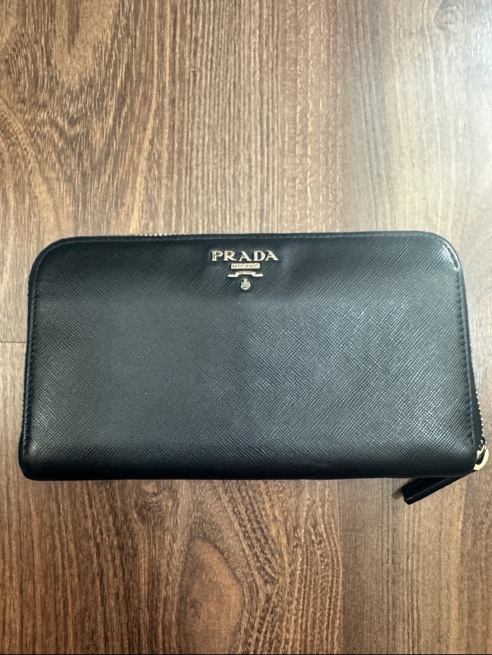 Prada Black Saffiano Zip-Around Wallet with Gold Logo